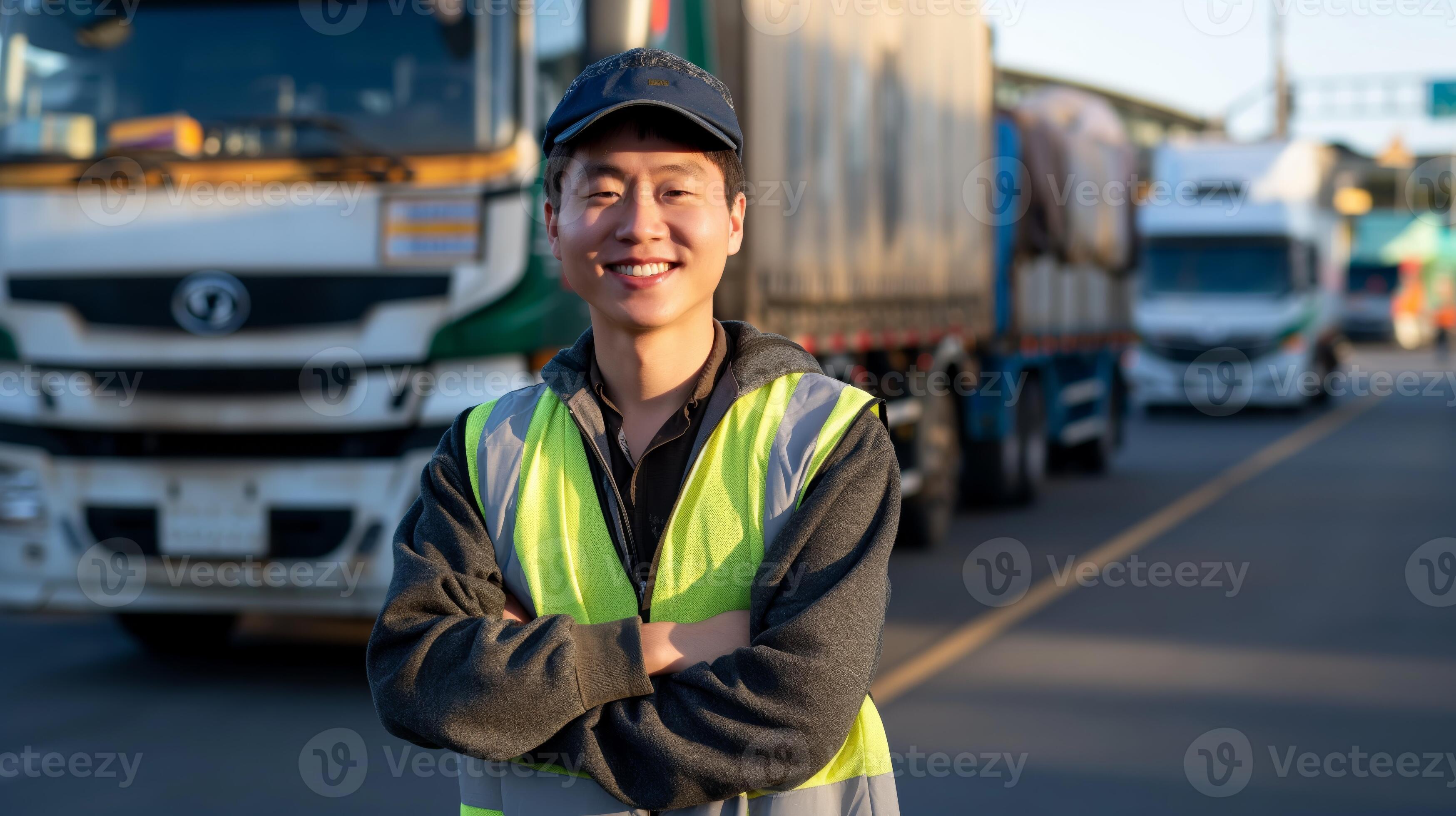 安全ベストを着た笑顔のアジア人物流スタッフ
